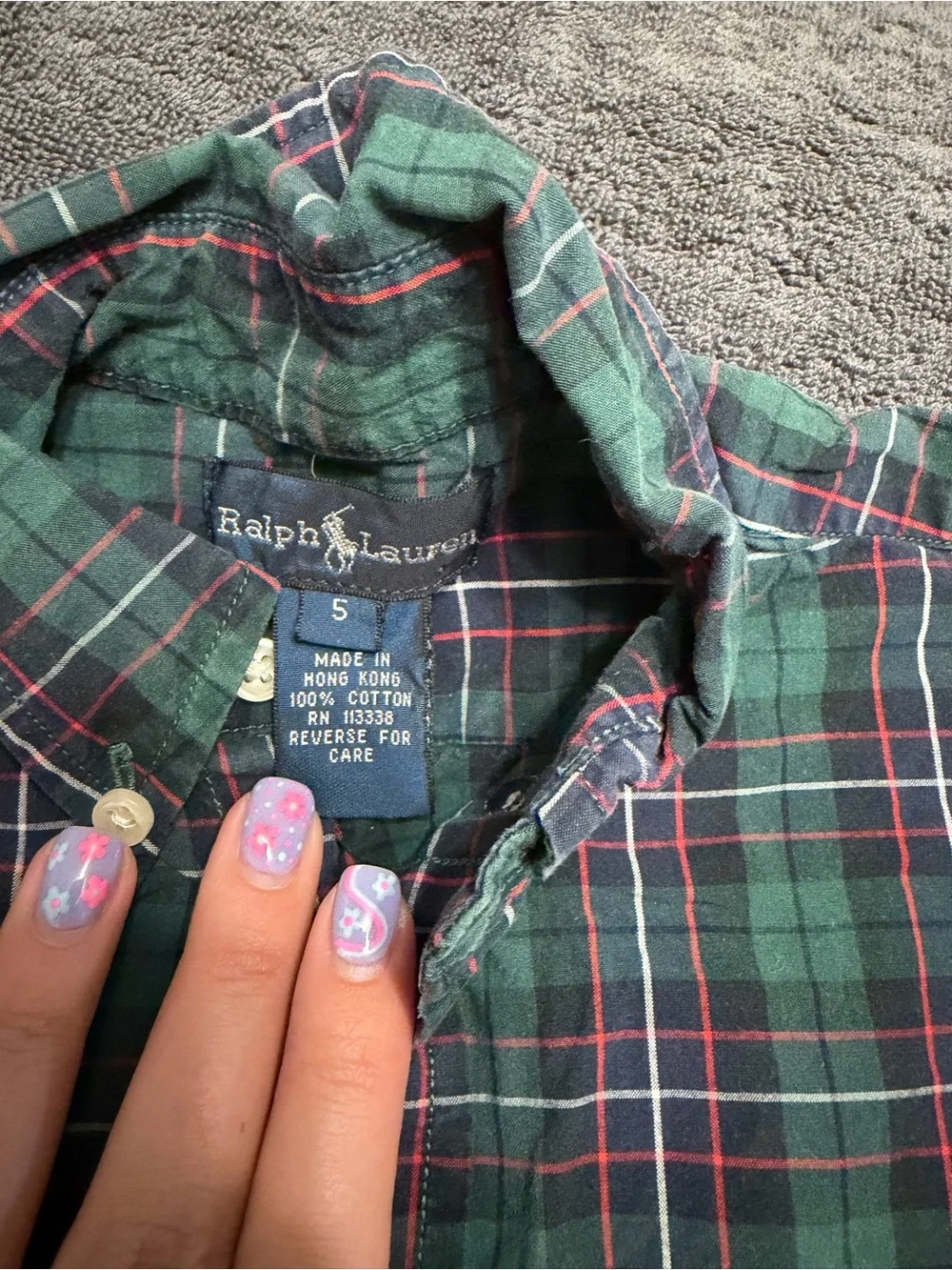 Ralph Lauren boys Green and Navy Plaid Button-Down Shirt with Red Logo